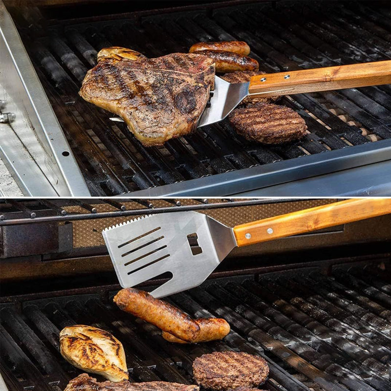 5-i-1 köksverktyg och grillspade med gaffel, brett blad, halkfritt mjukt handtag. Mångsidig och värmetålig design.