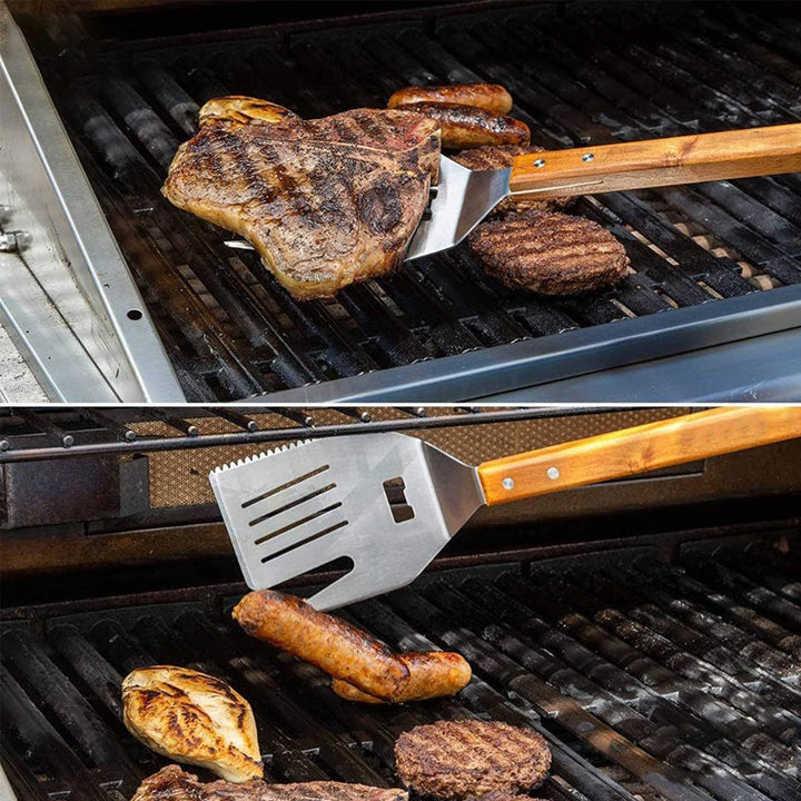 5-i-1 köksverktyg och grillspade med gaffel, brett blad, halkfritt mjukt handtag. Mångsidig och värmetålig design.