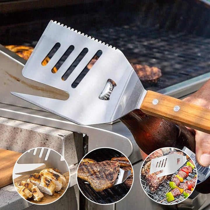 5-i-1 köksverktyg och grillspade med gaffel, brett blad, halkfritt mjukt handtag. Mångsidig och värmetålig design.