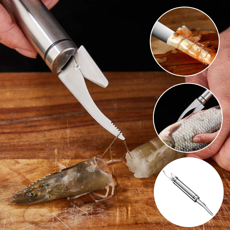 "5 i 1 multifunktionell räkkniv i rostfritt stål, elegant design med ergonomiskt handtag, perfekt för skaldjursförberedelse."