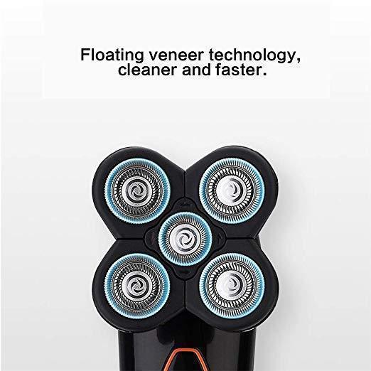 "5-i-1 roterande rakapparat för män med ergonomisk design, inkluderar ansiktsborste och nästrimmer, svart och silver."