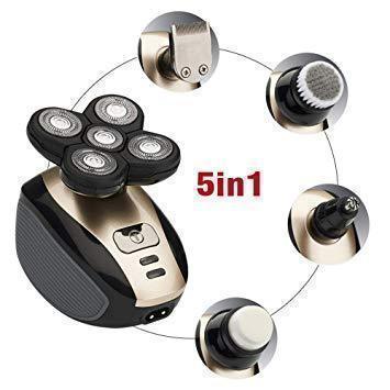 "5-i-1 roterande rakapparat för män med ergonomisk design, inkluderar ansiktsborste och nästrimmer, svart och silver."