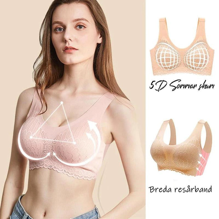 "5D sömlös bygelfri BH för kvinnor, beige, visar bystdämpande design med vadderade axelband och sömlös silhuett."