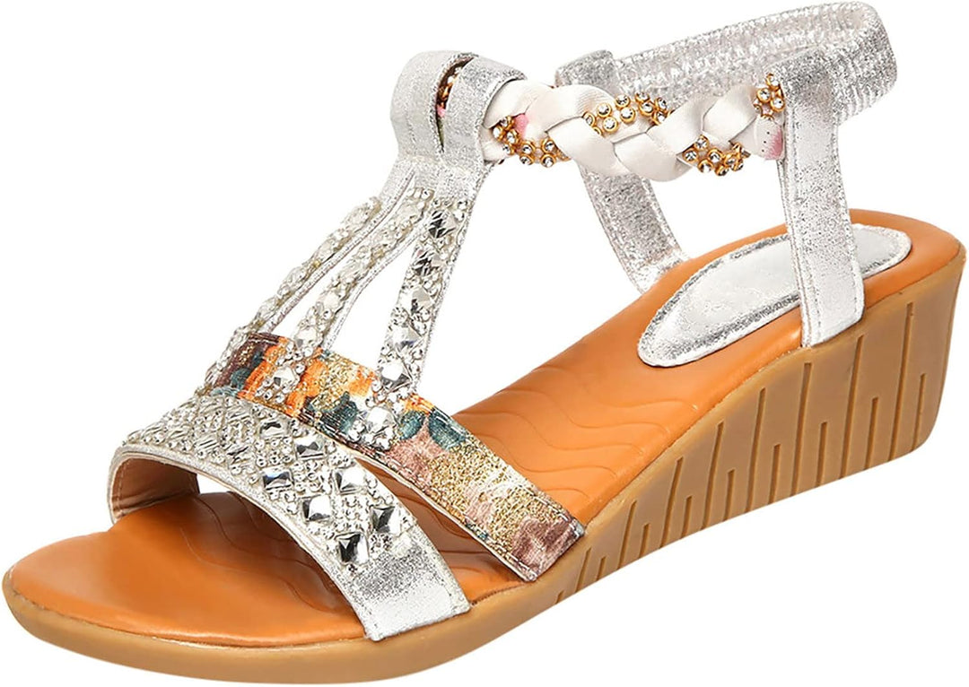 Damsandaler i Boho-stil med Mellanhög Klack i Guld och Silver