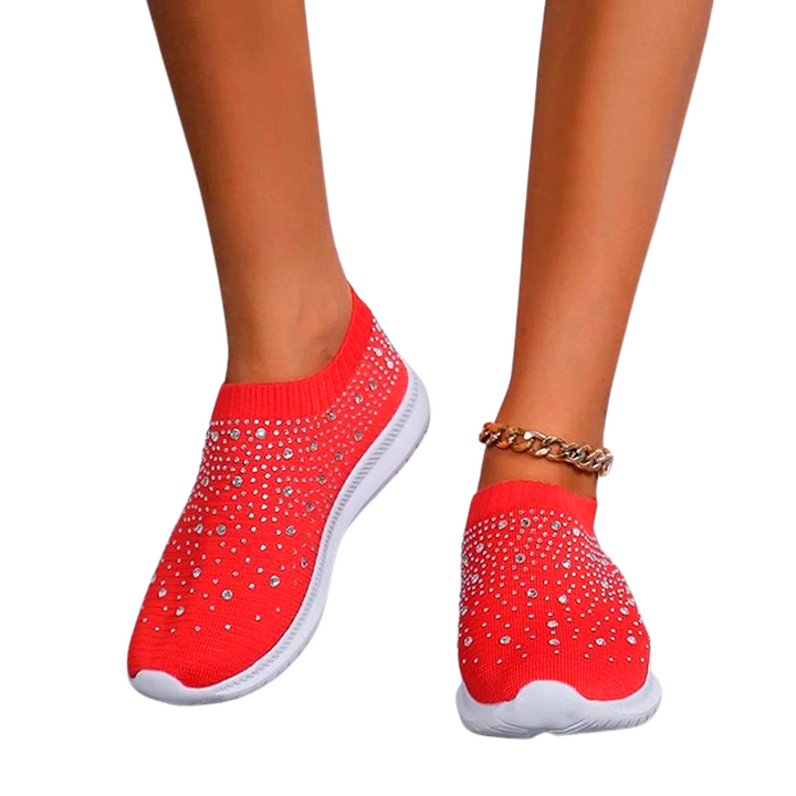 "Andningsaktiva mesh-sneakers för dam med strass, lätt och elegant design med glittrande detaljer och bekväm passform."