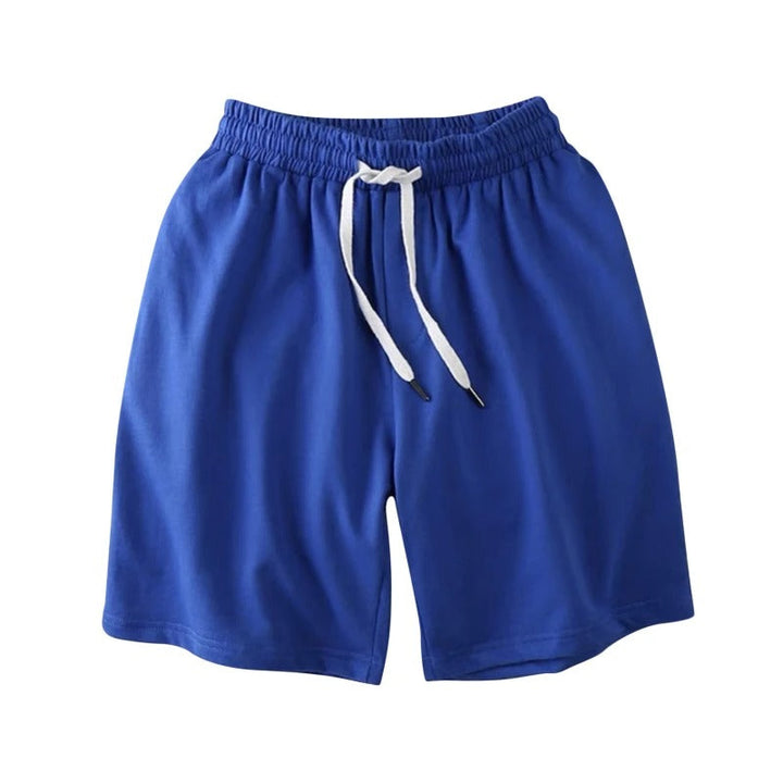 Andningsbara blå herrshorts i polyester med elastiskt midjeband, idealiska för gym och vardag.