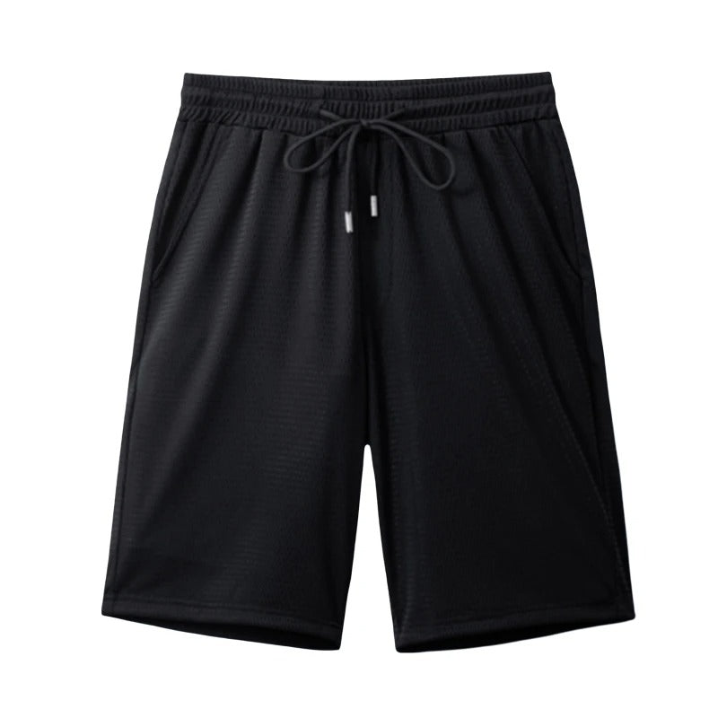 Andningsbara blå herrshorts i polyester med elastiskt midjeband, idealiska för gym och vardag.