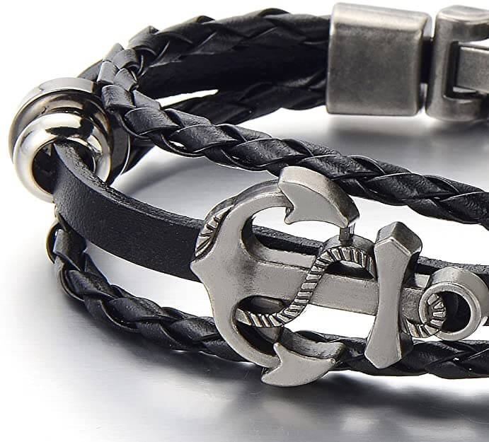 "Ankare armband i brun PU-läder med rostfritt stållås, perfekt herrsmycke med nautisk stil för dagligt bruk."