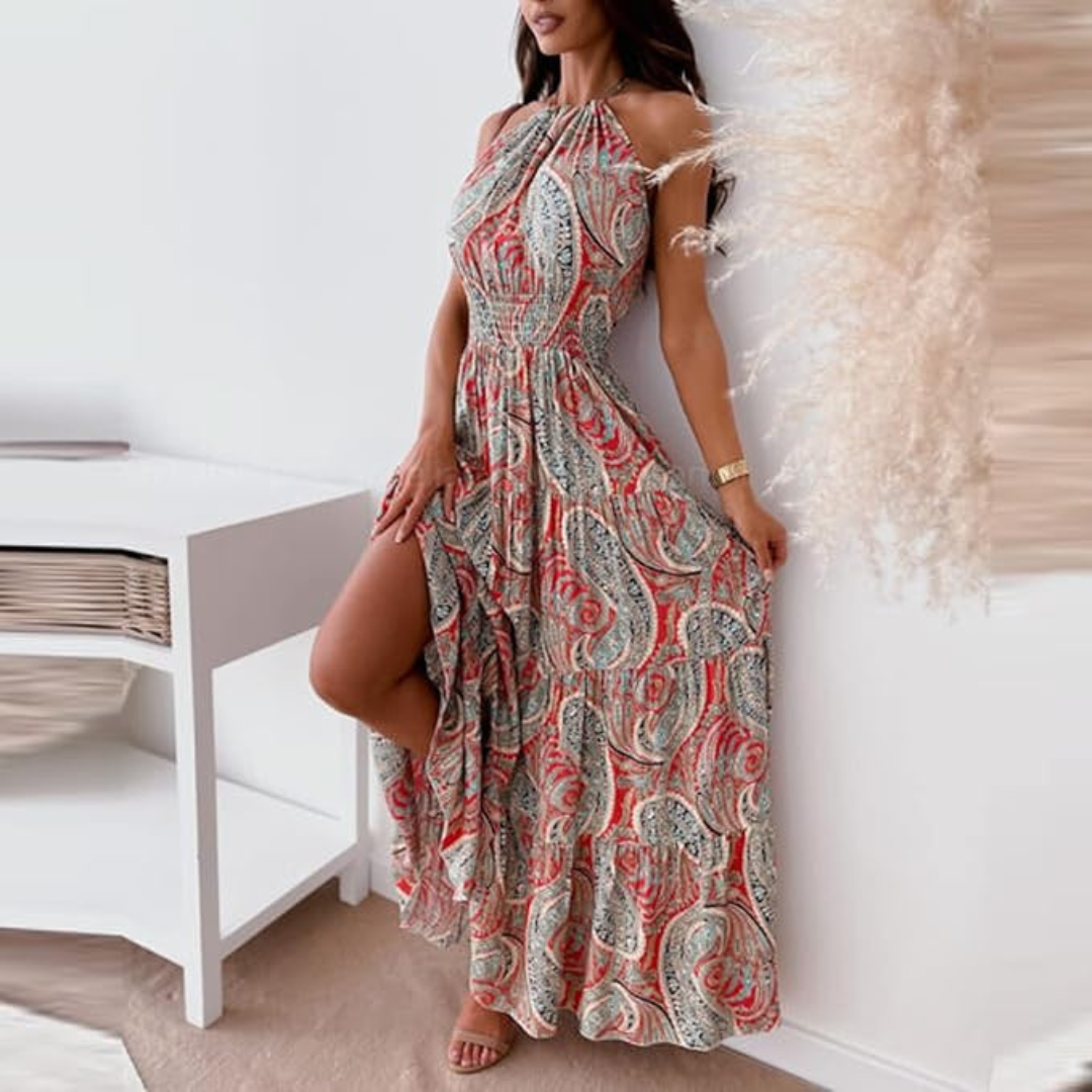 "Ankel-lång vintage boho halterklänning med levande mönster, ärmlös design, A-linjeformad siluett för kvinnor."