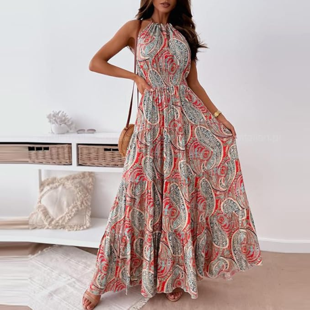 "Ankel-lång vintage boho halterklänning med levande mönster, ärmlös design, A-linjeformad siluett för kvinnor."