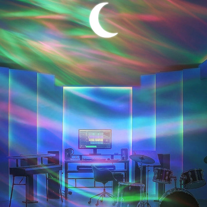 "Aurora-projektor med Bluetooth, projicerar färgglada stjärnljus och norrsken för avkopplande atmosfär i rummet."