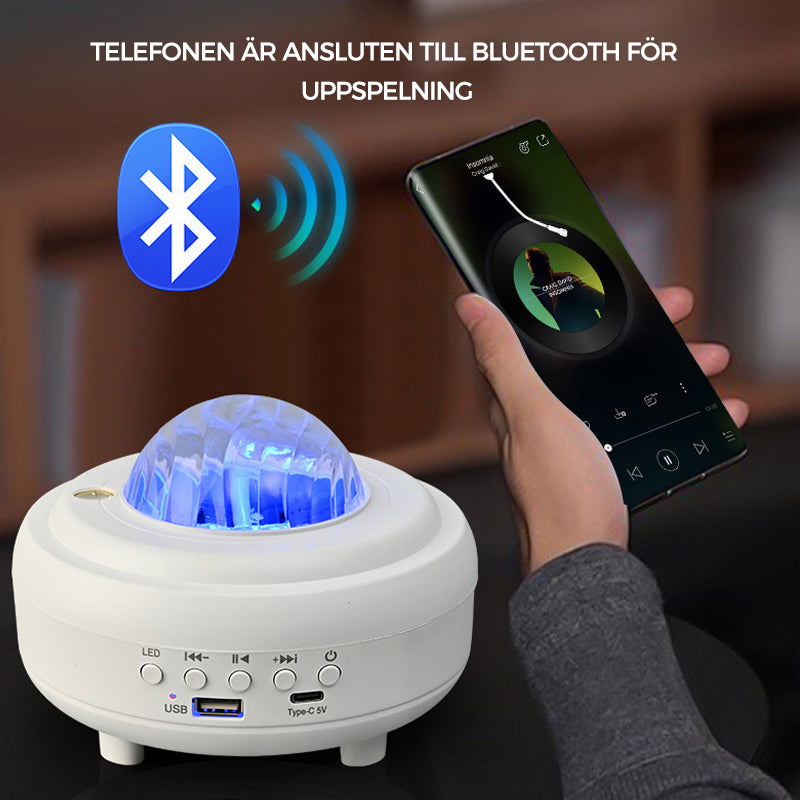 "Aurora-projektor med Bluetooth, projicerar färgglada stjärnljus och norrsken för avkopplande atmosfär i rummet."