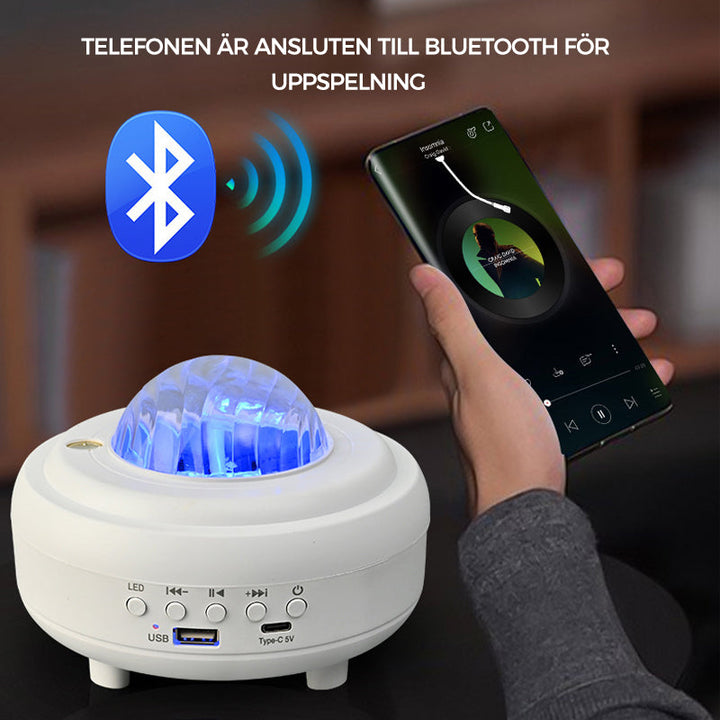 "Aurora-projektor med Bluetooth, projicerar färgglada stjärnljus och norrsken för avkopplande atmosfär i rummet."