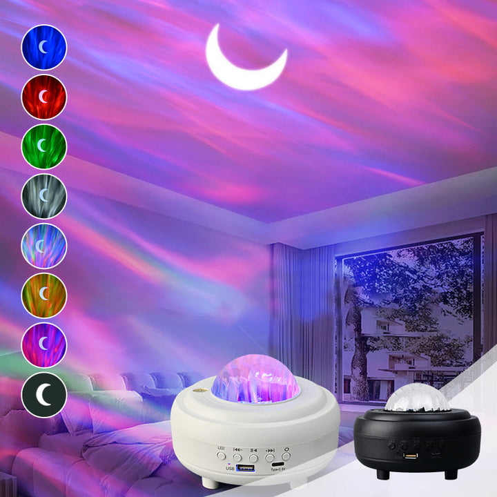 "Aurora-projektor med Bluetooth, projicerar färgglada stjärnljus och norrsken för avkopplande atmosfär i rummet."
