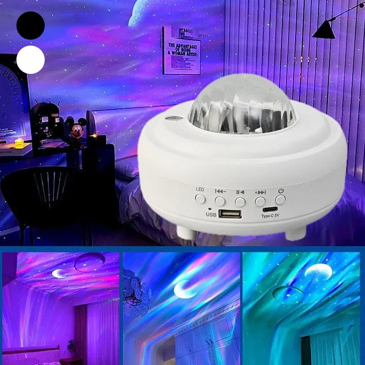"Aurora-projektor med Bluetooth, projicerar färgglada stjärnljus och norrsken för avkopplande atmosfär i rummet."