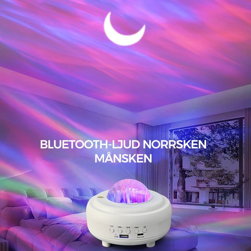 "Aurora-projektor med Bluetooth, projicerar färgglada stjärnljus och norrsken för avkopplande atmosfär i rummet."