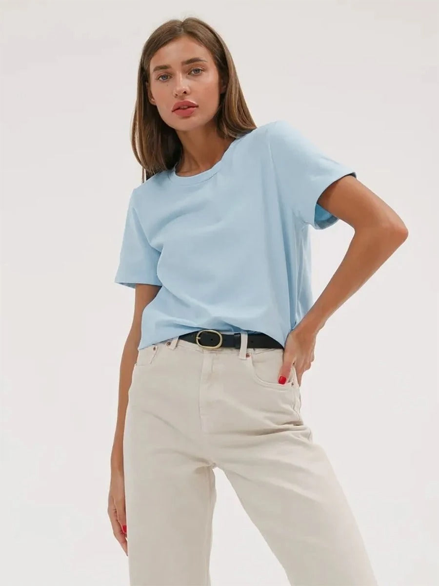 "Basic bomulls-T-shirt för kvinnor, rund hals, i kaffe, vit, svart och khaki. Bekväm passform, perfekt vardagsplagg."