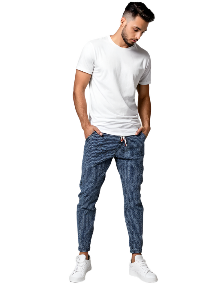 "Bekväma herr joggingbyxor i mjukt corduroy, justerbart dragsnöre, tidlös stil för vardag och elegant hemmalook."