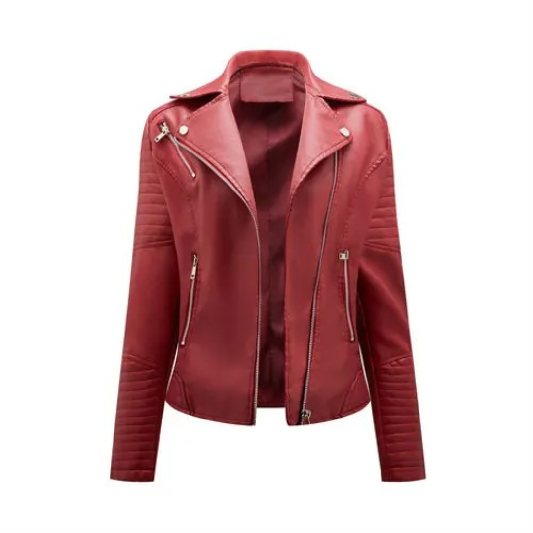 Bikerjacka för kvinnor i konstläder, svart, med dragkedja, ger tidlös stil och biker chic-look.