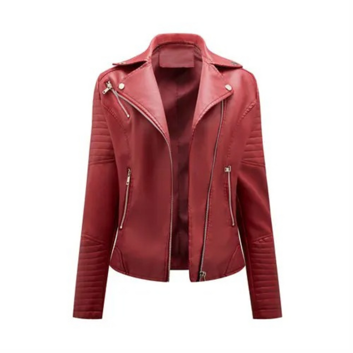 Bikerjacka för kvinnor i konstläder, svart, med dragkedja, ger tidlös stil och biker chic-look.