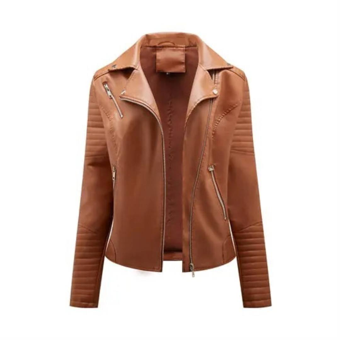 "Bikerjacka i konstläder för kvinnor, svart, med dragkedja, ger tidlös stil och biker chic-look."