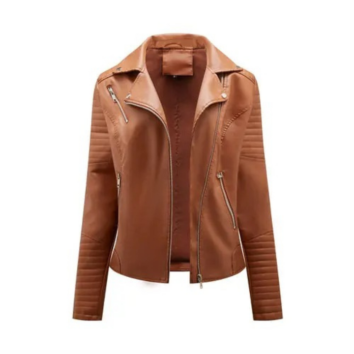 "Bikerjacka i konstläder för kvinnor, svart, med dragkedja, ger tidlös stil och biker chic-look."