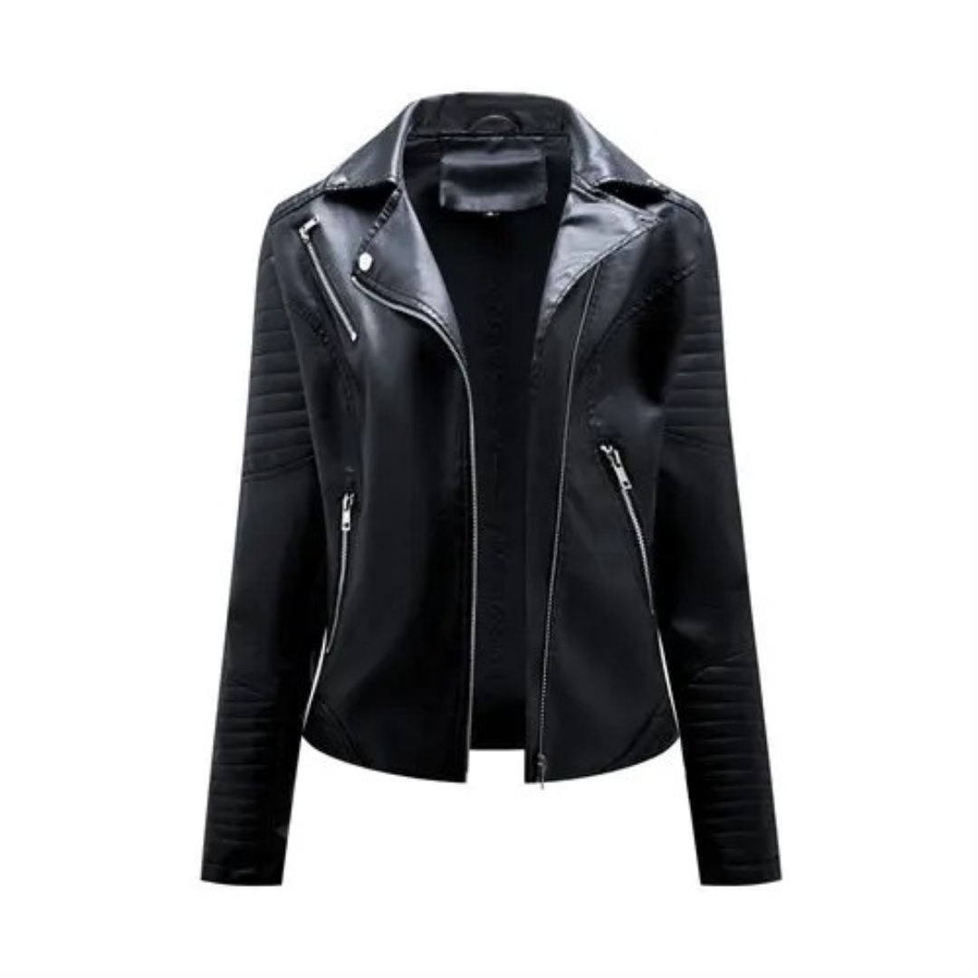 Bikerjacka för kvinnor i konstläder, svart, med dragkedja, ger tidlös stil och biker chic-look.