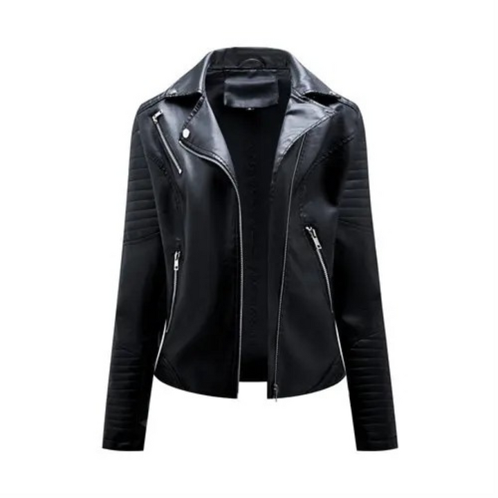 Bikerjacka för kvinnor i konstläder, svart, med dragkedja, ger tidlös stil och biker chic-look.