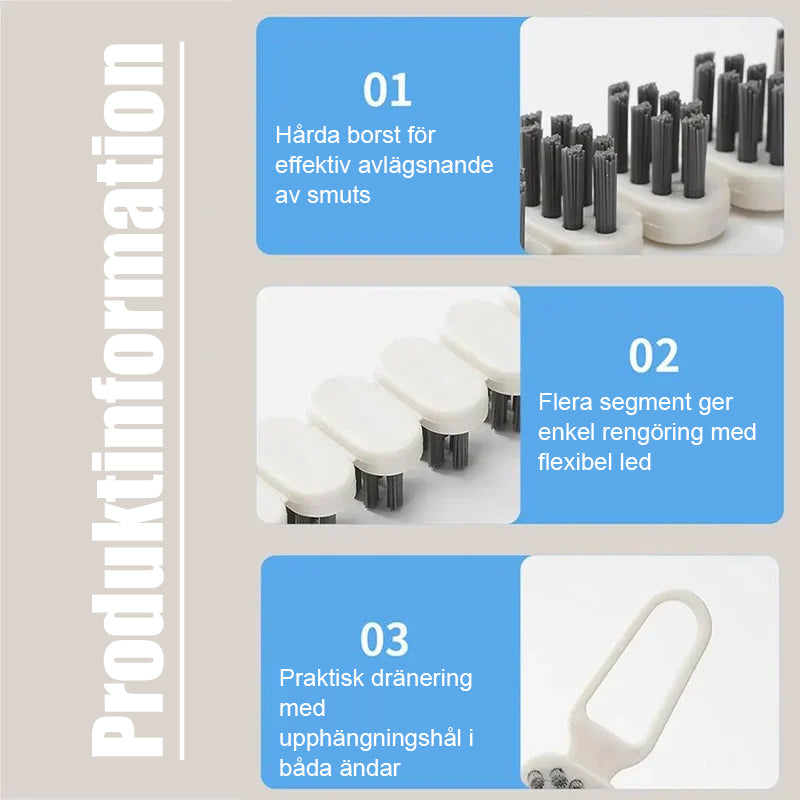 Böjbar multifunktionell rengöringsborste för hemmabruk, med vita borst för effektiv rengöring av hörn och sprickor.