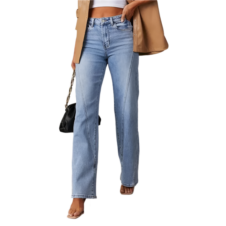 "Blå denim högmidjade vida jeans för damer, visar storlekar 34-44, slitstarkt material med klassisk stil"