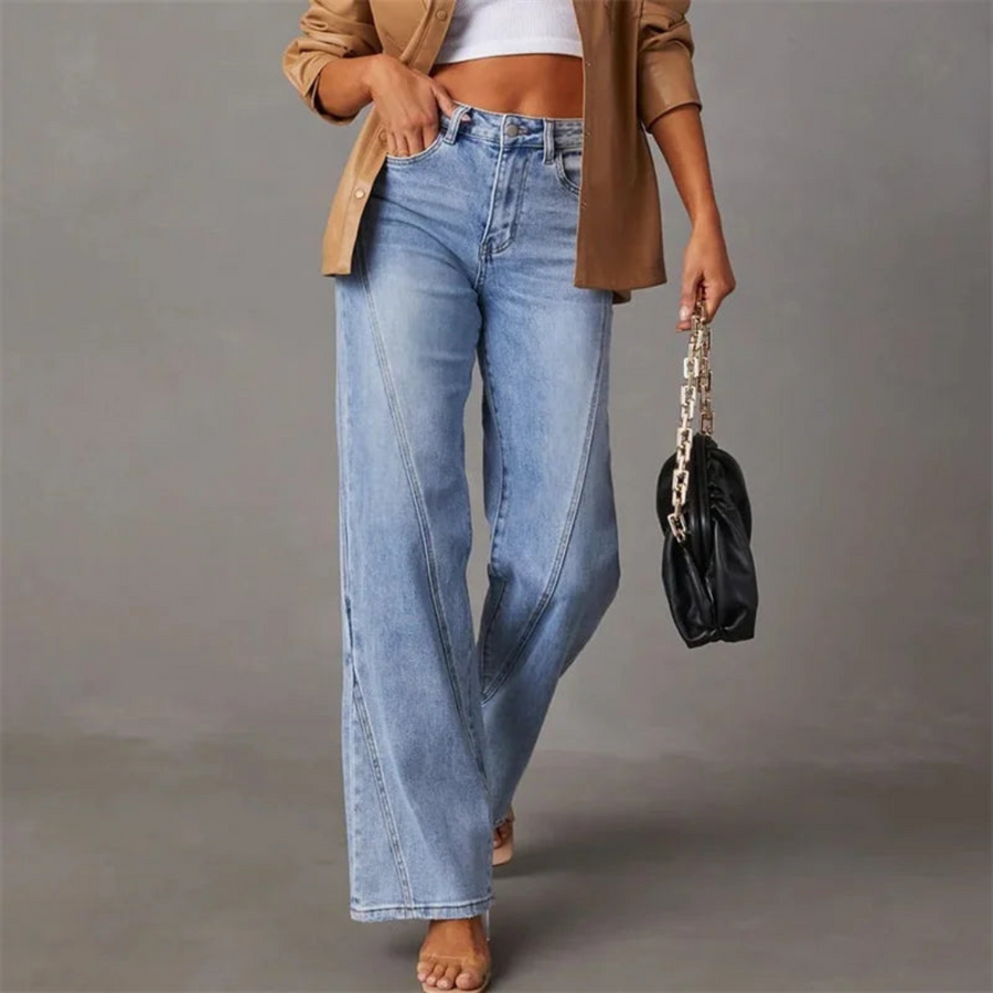 "Blå denim högmidjade vida jeans för damer, visar storlekar 34-44, slitstarkt material med klassisk stil"