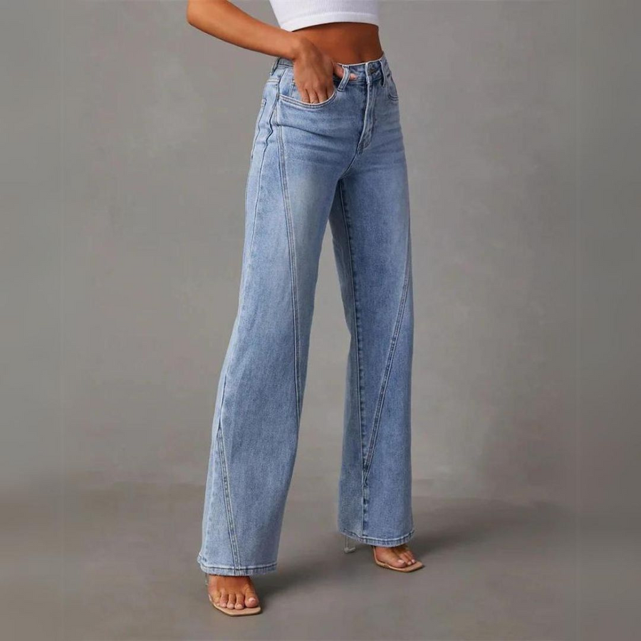 "Blå denim högmidjade vida jeans för damer, visar storlekar 34-44, slitstarkt material med klassisk stil"