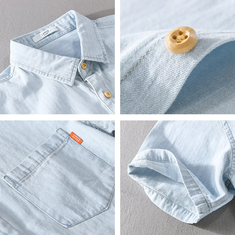 "Blå herrskjorta i denim och bomullsblandning, casual stil, kortärmad, perfekt för sommar och avslappnade tillfällen."