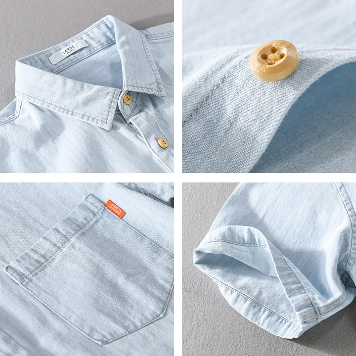 "Blå herrskjorta i denim och bomullsblandning, casual stil, kortärmad, perfekt för sommar och avslappnade tillfällen."