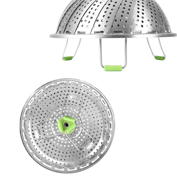 "Blomformad fällbar ångkokare i rostfritt stål med expanderbar design för hälsosam matlagning, silverfärgad."