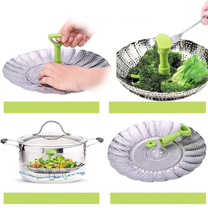 "Blomformad fällbar ångkokare i rostfritt stål med expanderbar design för hälsosam matlagning, silverfärgad."