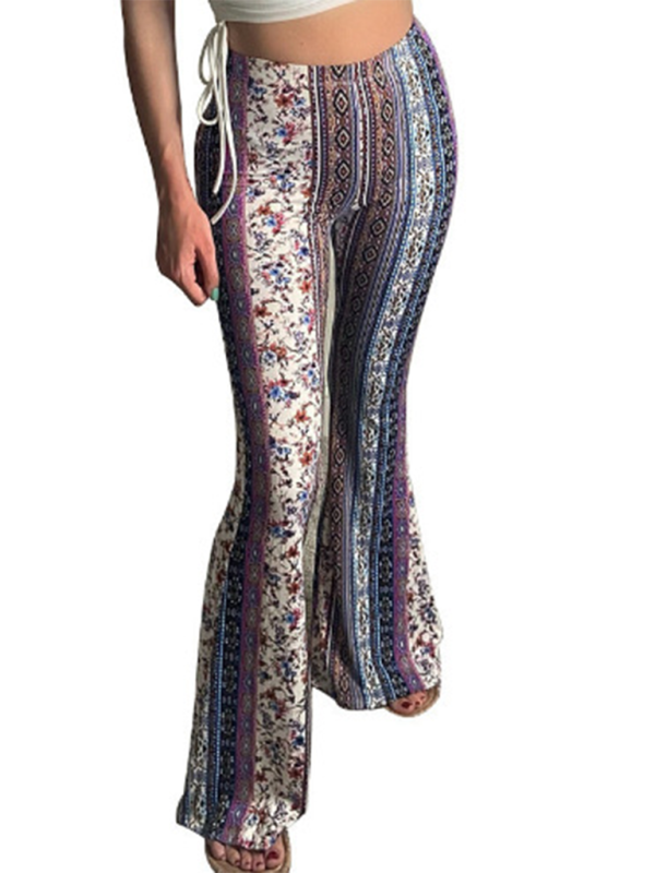 Boho mönstrade dam slim fit byxor med elastan, livfulla färger och bekväm passform, sett från framsidan.