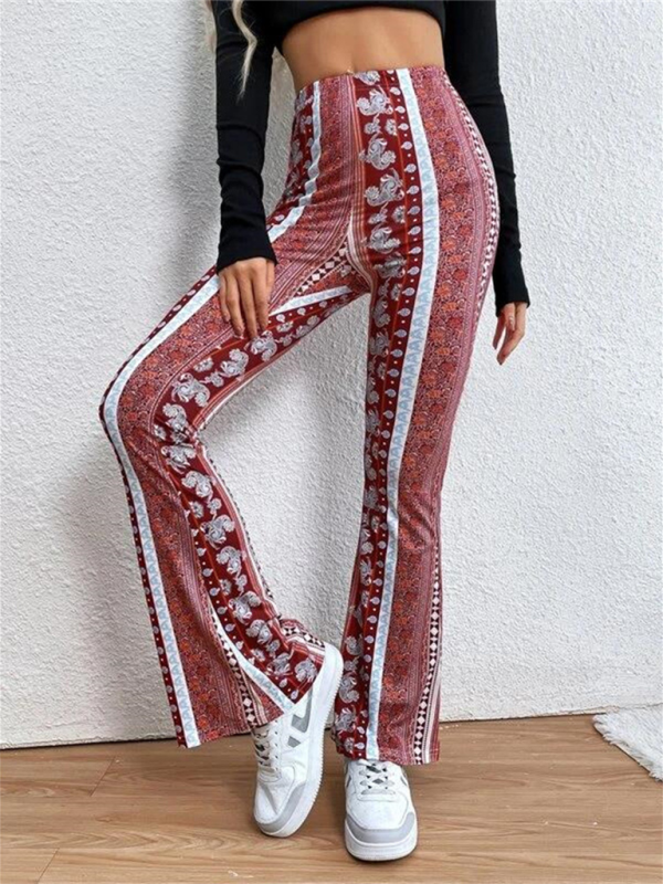 Boho mönstrade dam slim fit byxor med elastan, livfulla färger och bekväm passform, sett från framsidan.