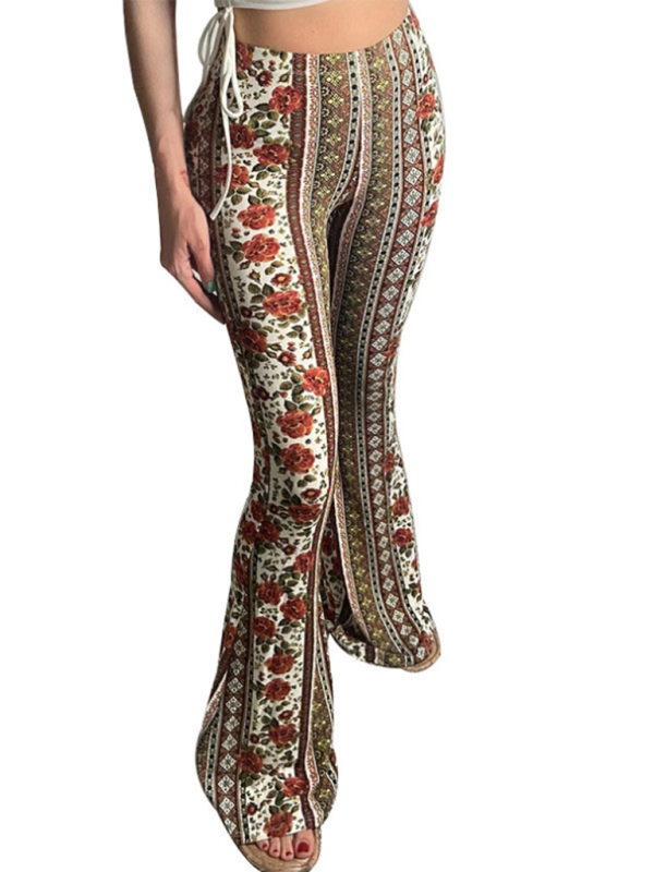 Boho mönstrade dam slim fit byxor med elastan, livfulla färger och bekväm passform, sett från framsidan.
