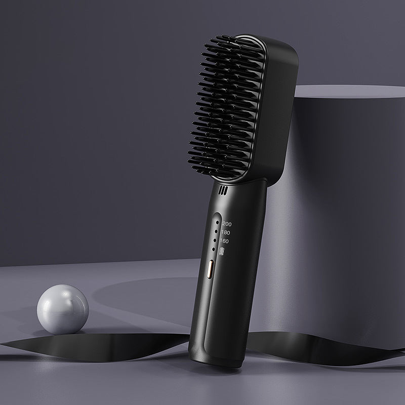 "Bärbar mini hårborste för frissfri styling, kompakt design med 2-i-1 funktion för slätt och lockigt hår."