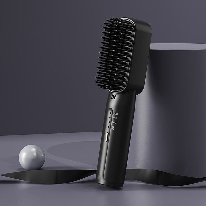 "Bärbar mini hårborste för frissfri styling, kompakt design med 2-i-1 funktion för slätt och lockigt hår."