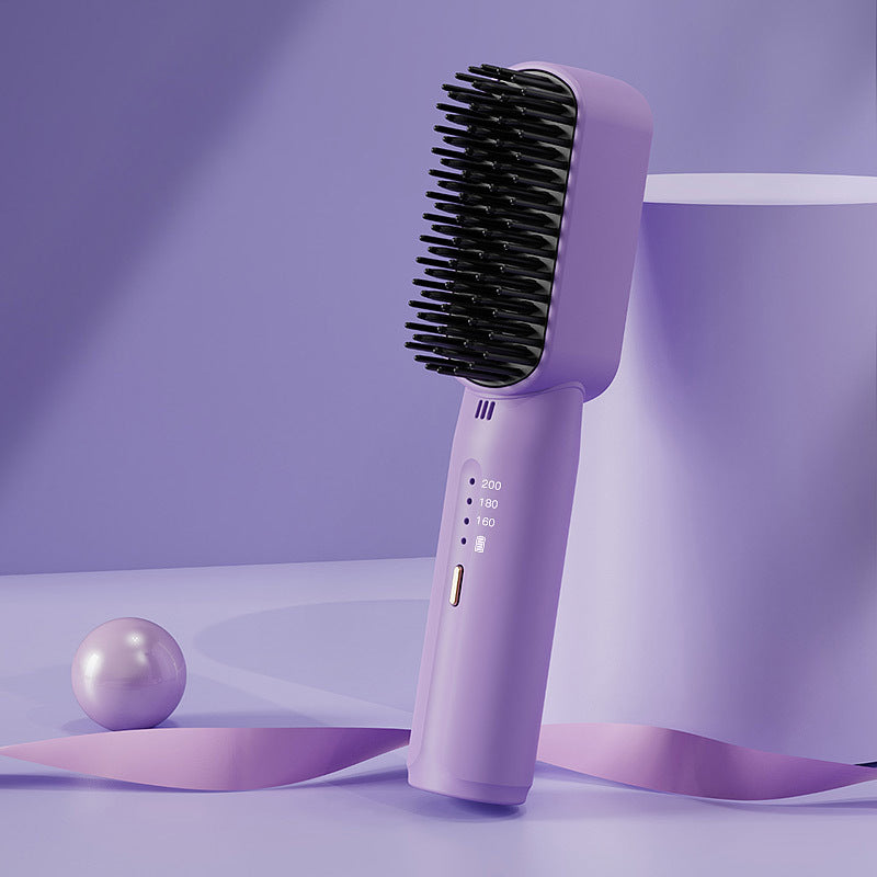 "Bärbar mini hårborste för frissfri styling, kompakt design med 2-i-1 funktion för slätt och lockigt hår."