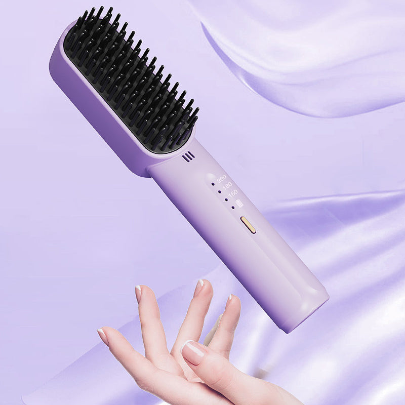 "Bärbar mini hårborste för frissfri styling, kompakt design med 2-i-1 funktion för slätt och lockigt hår."