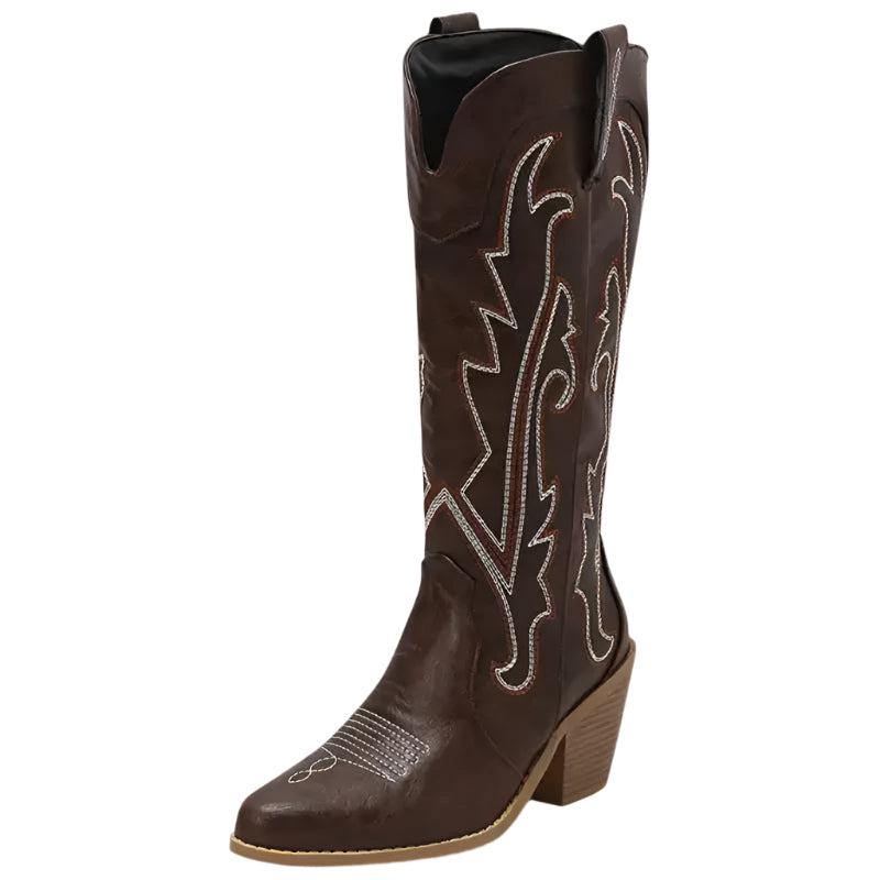 "Bruna damstövlar i cowboystil av imitationläder med robust gummisula, idealiska för en stilfull och bekväm look."