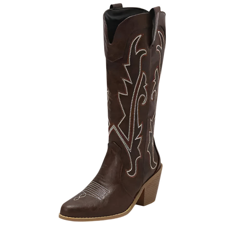 "Bruna damstövlar i cowboystil av imitationläder med robust gummisula, idealiska för en stilfull och bekväm look."