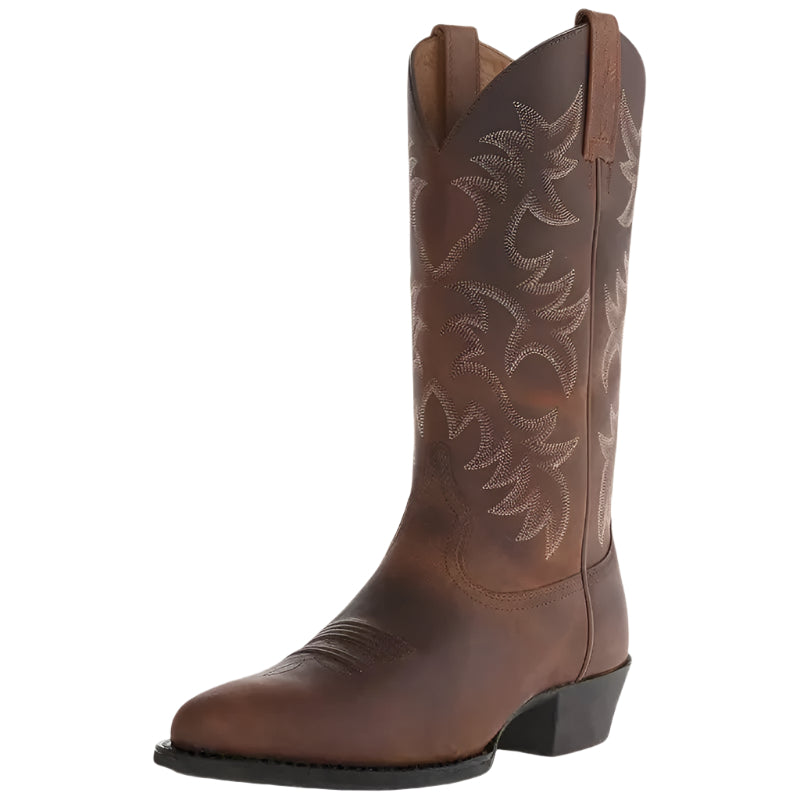 Bruna herr cowboylaarzen med westernbroderier och syntetiskt läder, perfekta för westernstil.
