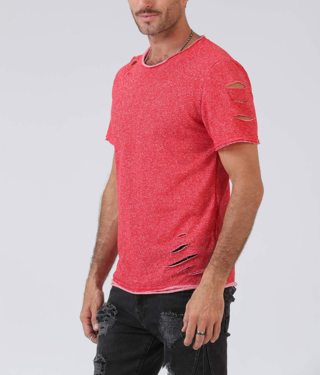 "Casual strimlad herr T-shirt, rund hals, flera färger, kort ärm, hålmönster, slim fit, somrig, stilren design."