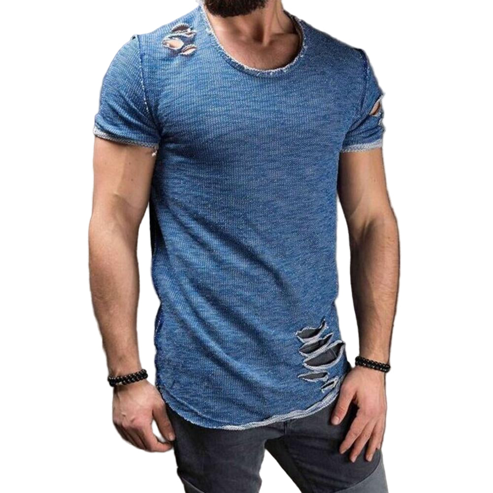 "Casual strimlad herr T-shirt, rund hals, flera färger, kort ärm, hålmönster, slim fit, somrig, stilren design."