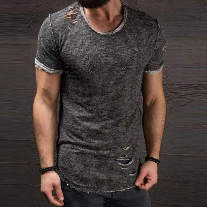 "Casual strimlad herr T-shirt, rund hals, flera färger, kort ärm, hålmönster, slim fit, somrig, stilren design."