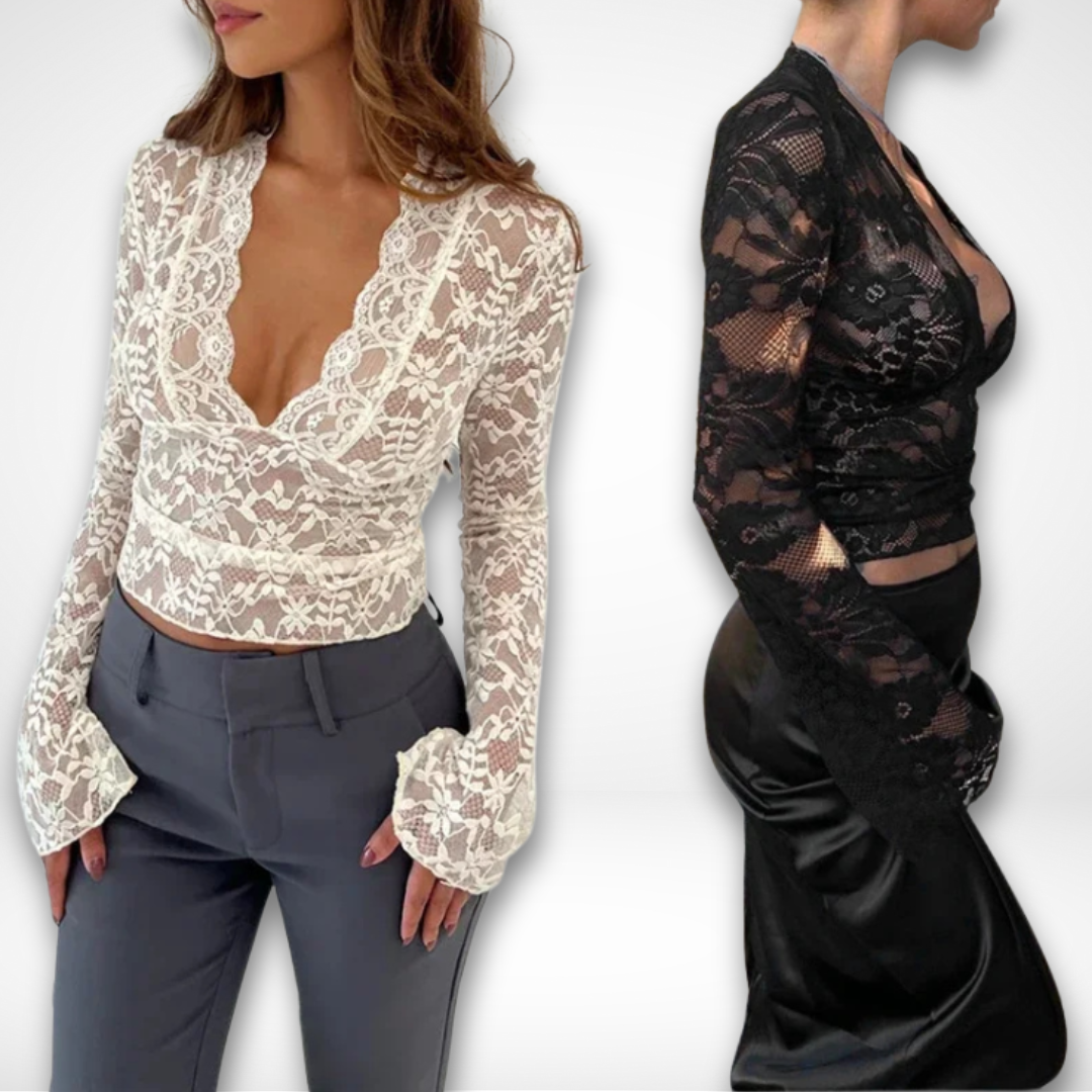 "Chic dam lace topp med eleganta dekorativa mönster och slim siluett, perfekt för både vardag och fest."